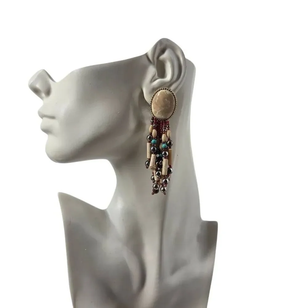 Vintage Beaded Statement Clip-On Earrings | Cabochon Fringe | 3.75